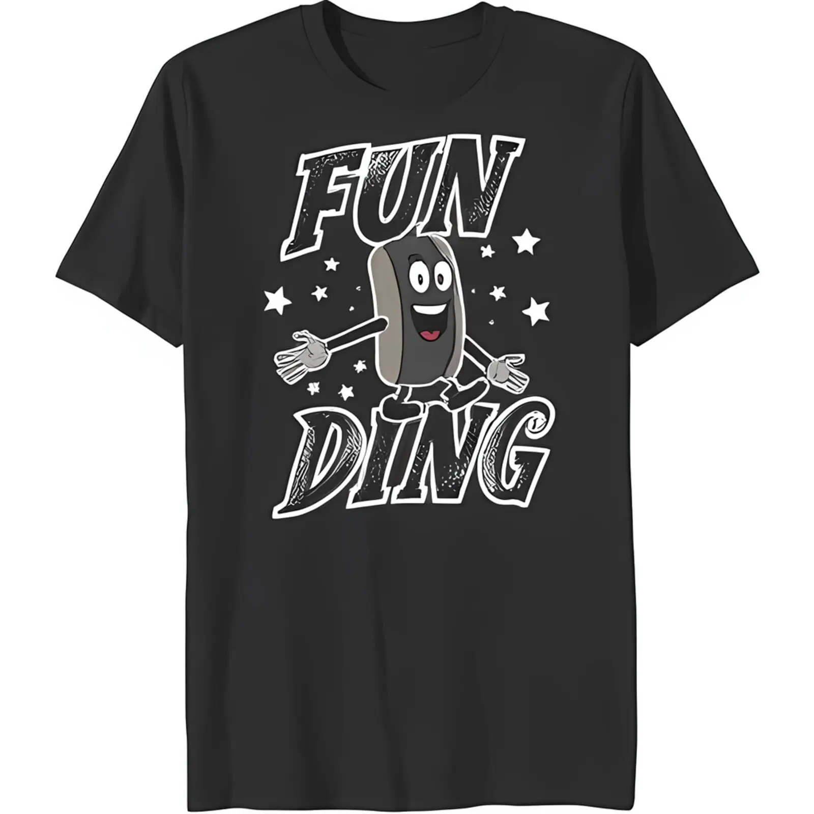 Whimsical Black T-Shirt with 'Fun Ding' Text and Dancing Cartoon Hot Dog