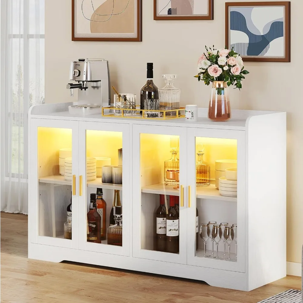 

Home Bar Cabinet w/LED Light, 55'' Liquor Cabinet with 4 Doors, Coffee Bar Cabinet with Adjustable Shelves