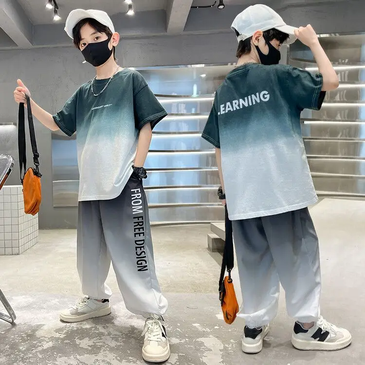 

Boys 2025 Summer Fashion Tie-dye Gradient Color 2pcs T-shirts+Pants Suits 4-15 Years Teenage Streetwear Sports Boutiques Clothes