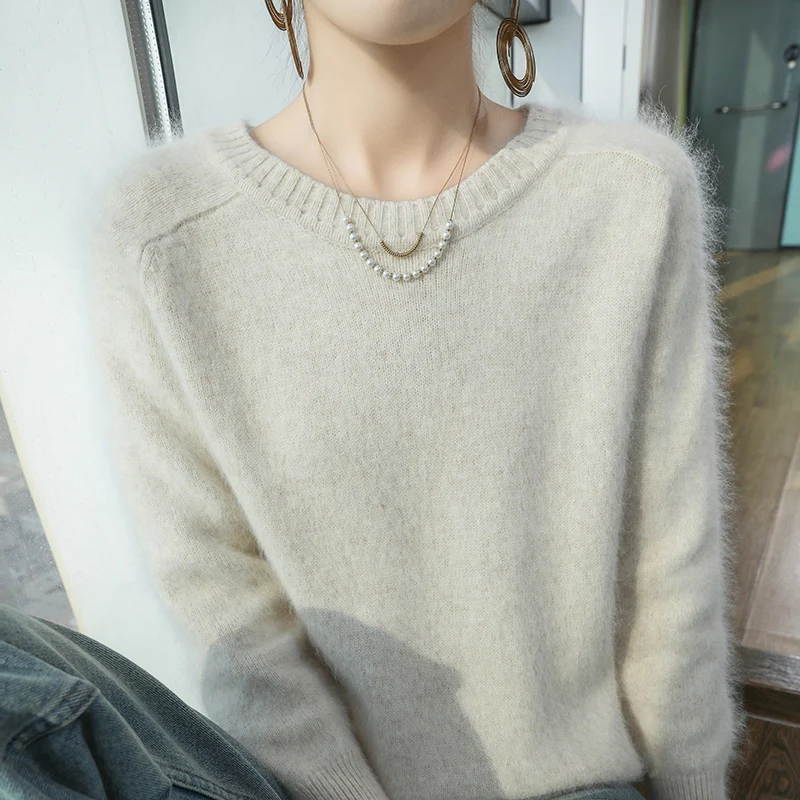 เสื้อสเวตเตอร์แคชเมียร์ขนมิงค์แท้ 100% ดีไซน์หรูหรา อุ่นสบาย สำหรับฤดูใบไม้ร่วงและฤดูหนาว  แบบสวม  คอกลม  แขนยาว  เสื้อถัก  เสื้อผ้าพื้นฐาน  เสื้อท่อนบน