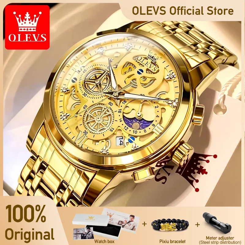 OLEVS Men\'s Watches Top Brand Luxury Original Waterproof Quartz Watch for Man Gold Skeleton Style 24 Hour Day Night New