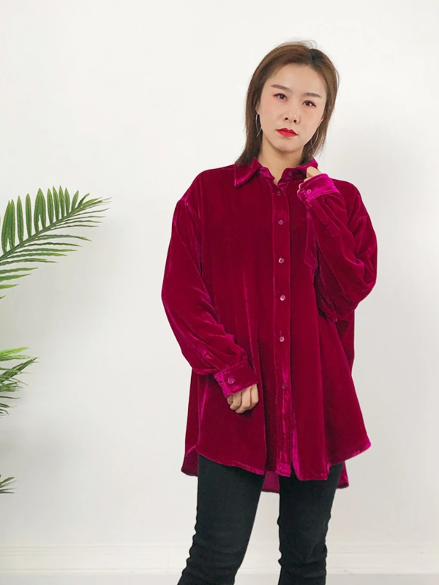 Camicia di velluto di media lunghezza rossa semplice moda donna 2023 autunno inverno stile occidentale camicetta a maniche lunghe allentata tutto abbinato Camisas