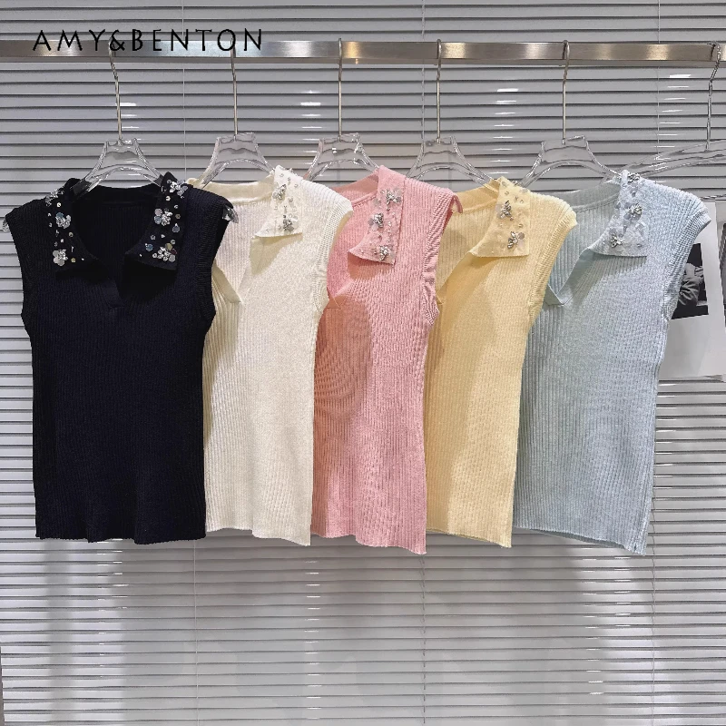 

2026 Summer New Women's Clothing Fashion Temperament Heavy Industry Beaded Bead Lapel Design Elastic Knitted Vests Top Ladies
