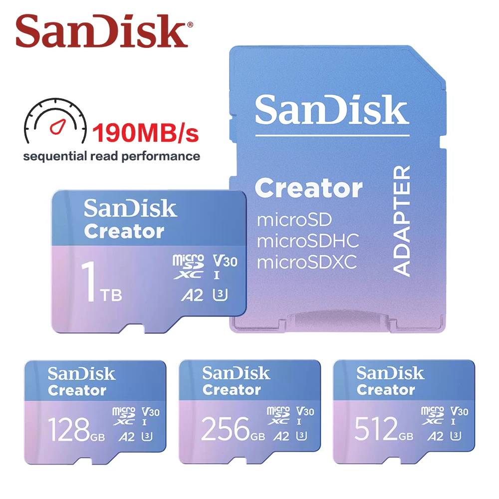 read-190mb-s-sandisk-creator-series-microsd-uhs-l-high-speed-flash-card-with-adapter-128gb-1tb-a2-v30-u3-for-phone-drone-cameras