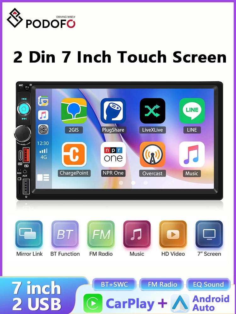 Podofo 2 Din autoradio 7 inch touchscreen HD MP5 multimediaspeler Bluetooth draadloze Carplay/Android Auto - afbeelding 2