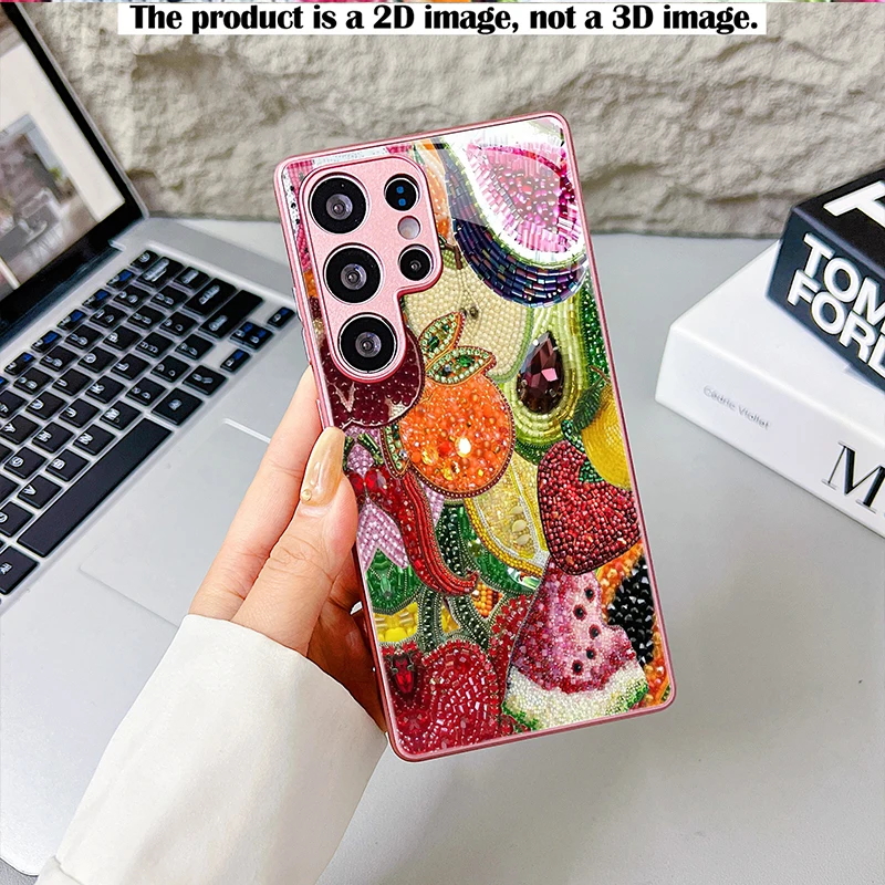 Fruit Pattern Phone Case,2D Print Pink Base Glass For Samsung S/A Series,Full Coverage Shockproof Protective Cover