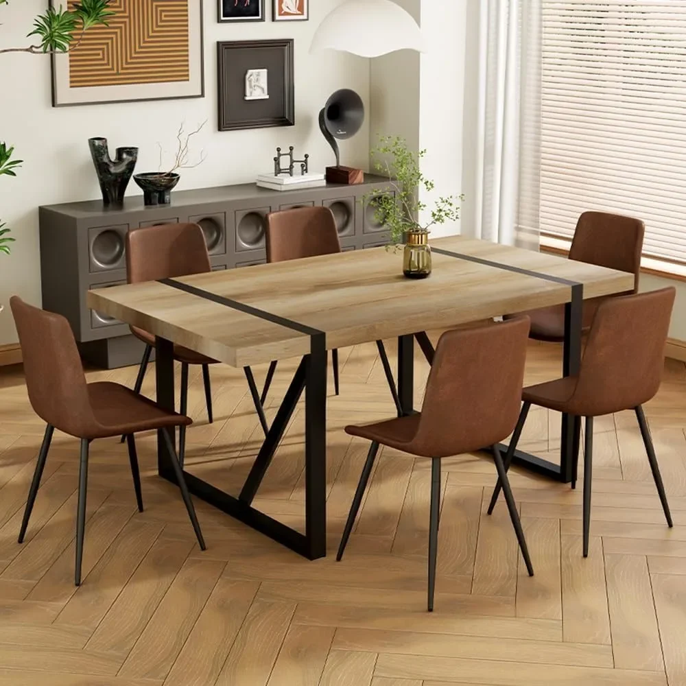 Dining Table Set for 6, 71'' Modern Rectangle Wood Dinings Table, 6 Fabric Dinings Chairs, 7 PCS Dining Room Sets