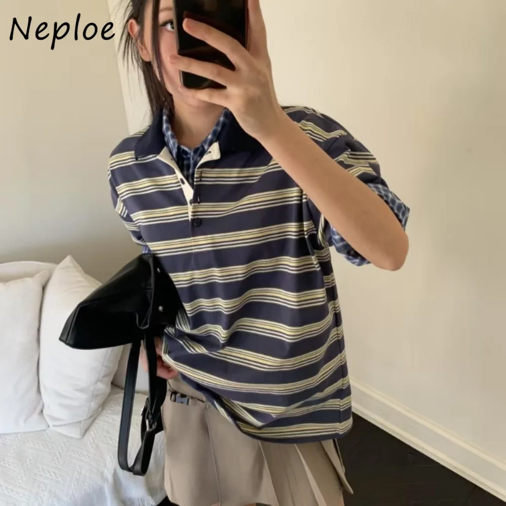 

Neploe New Moda Chic All-match Ropa Mujer Stripe Turn-down Collar Half Sleeve Panelled Shirt Casual Office Lady Simple Soft Tops