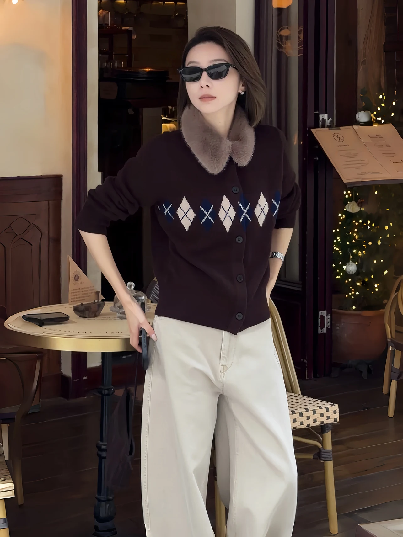 

Ретро коврик со съемным меховым воротником и ромбовидным узором, вязаный свитер, мягкий теплый женский свободный крой, длинный кардиган све