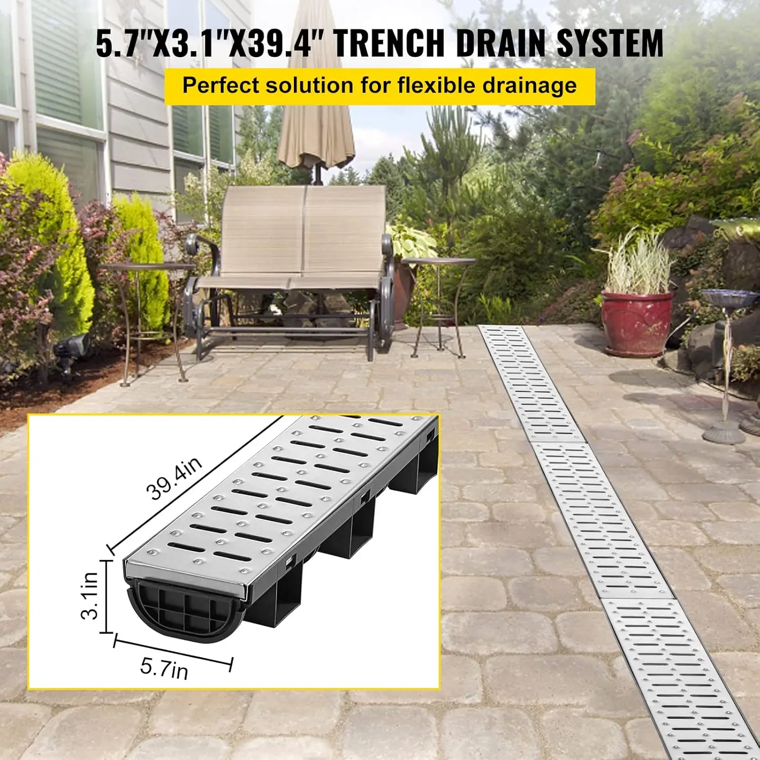 트렌치 배수 시스템, 5.7x3.1 인치 HDPE 배수 트렌치, 블랙 플라스틱 차고 바닥 배수구, 5x39 트렌치 배수구, 진입로-5 팩