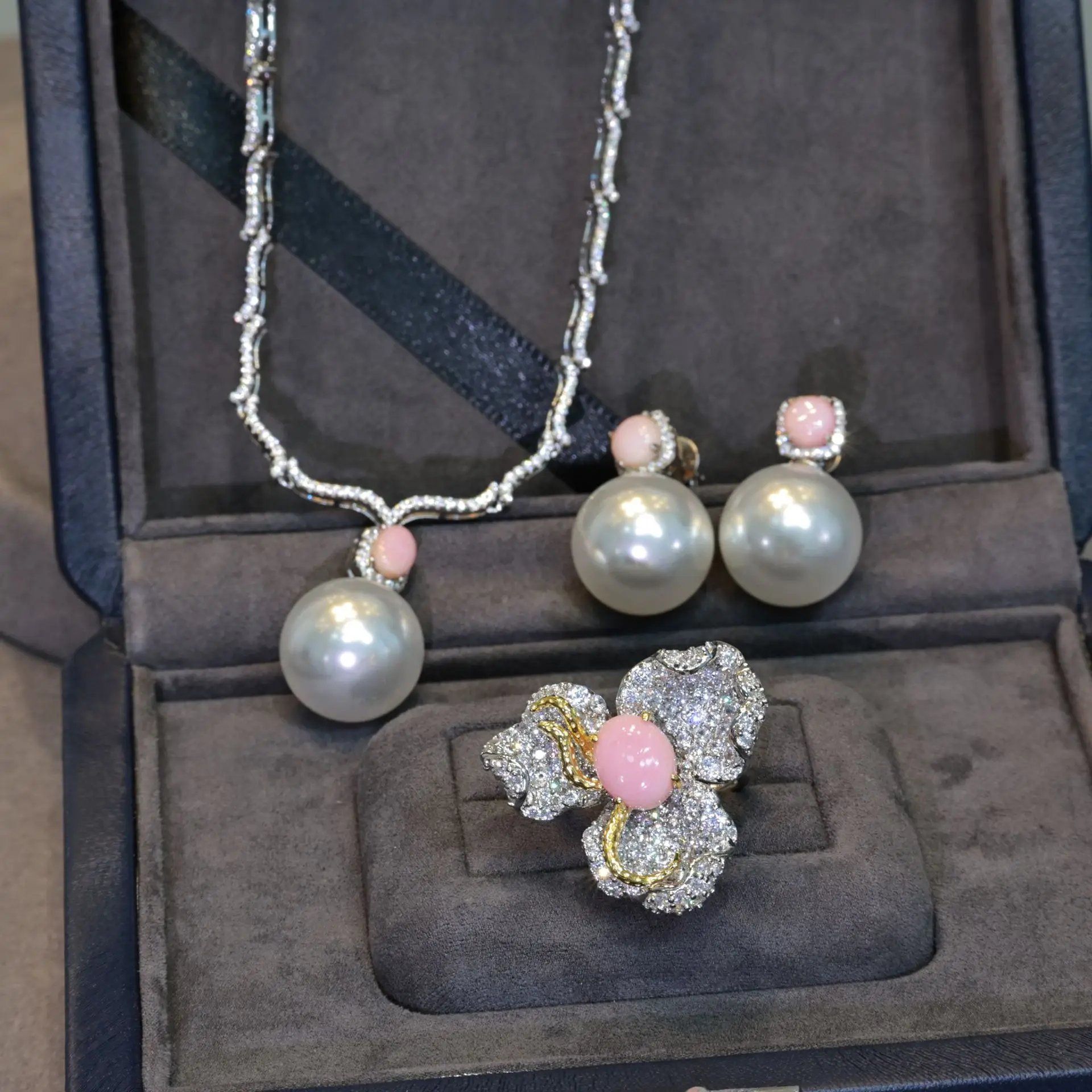15mm Conch Pearl Freshwater Pearl Jewelry Set, 925 Silver Precision Setting Necklace Earrings Ring, Banquet Jewelry Gift