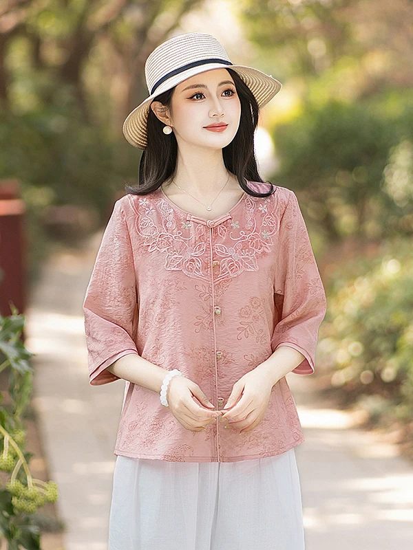Women Fashion Over 60 - Nieuwe Chinese stijl mama geborduurd shirt