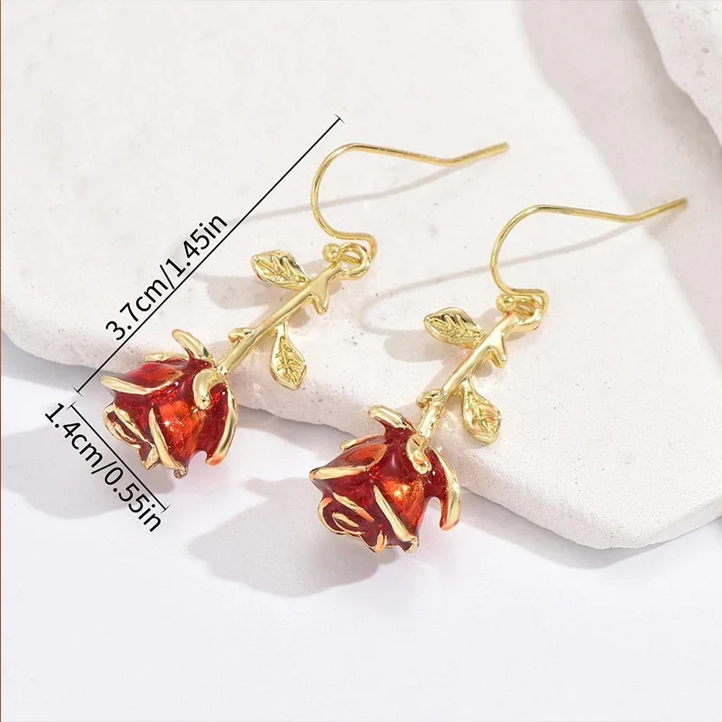 Obega Gold Color Rose Shape Earrings For Women Red Epoxy Girls Cute Jewelry Pink Color Bowknot Earring Stud Daily Party Jewelry