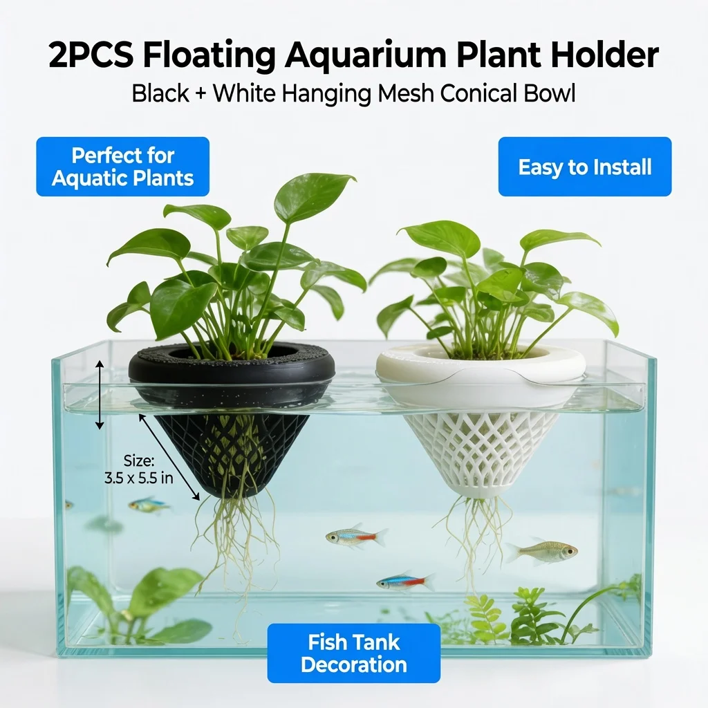 2PCS Floating Aquarium Plant Holder, Hanging Mesh Plant Basket for Fish Tank, Aquatic Plant Pot, Aquarium Decoration Accessory