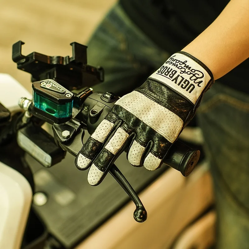 Uglybros-guantes de Moto de cuero genuino para hombre y mujer, manoplas de cuero genuino para Motocross, estilo Retro, para primavera y otoño