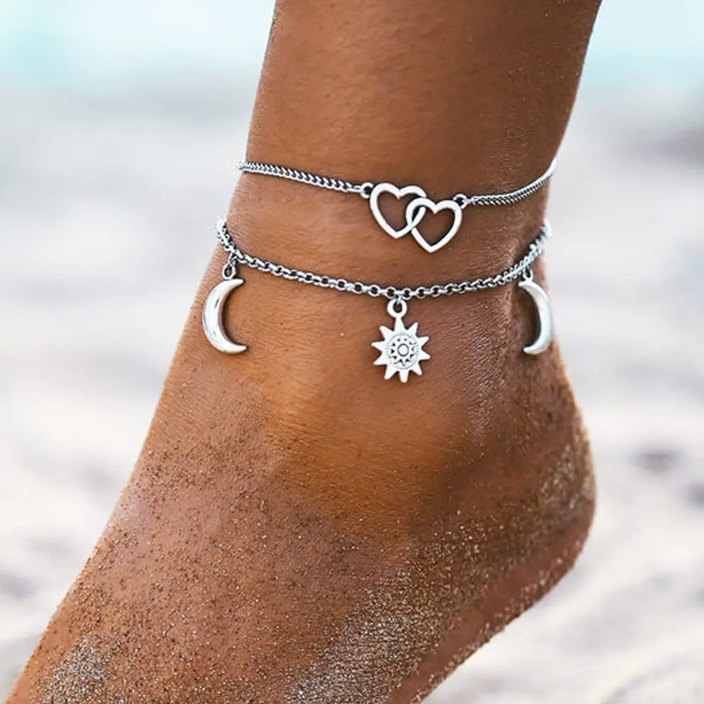 Bohemian Moon Sun Heart Charms Anklet for Women Double Layer Chain Bracelets Anklets Summer Beach Foot Barefoot Sandals Jewelry