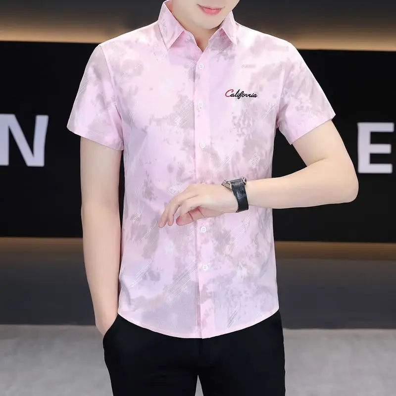 

Men's Pink Tie Dye Print Short Sleeve Button Up Shirt With California Embroidery Slim Fit Casual Top