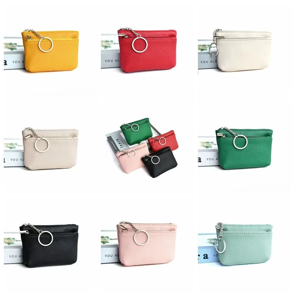 Zipper PU Leather Coin Purse Credit Card Holder with Key Ring Mini Change Purse Card Pocket Pure Color Short Wallet Outdoor