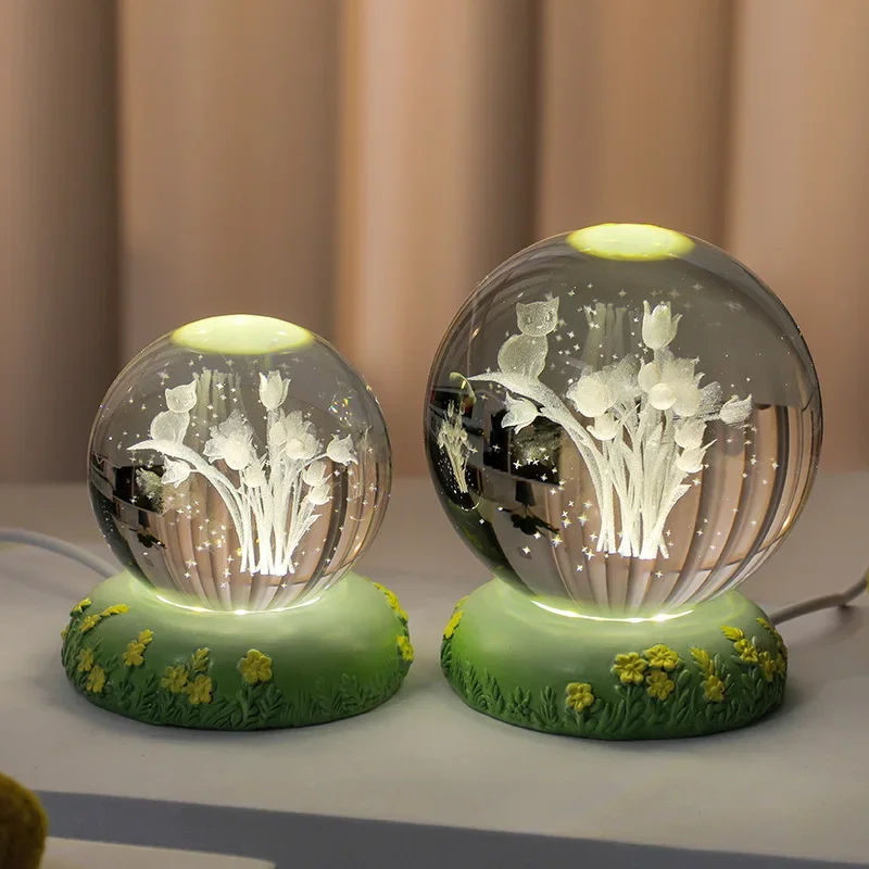 Bola de cristal 3D com vidro esculpido, estilo pastoral fresco, artesanato de resina, luz interna da noite, decoração leve da atmosfera