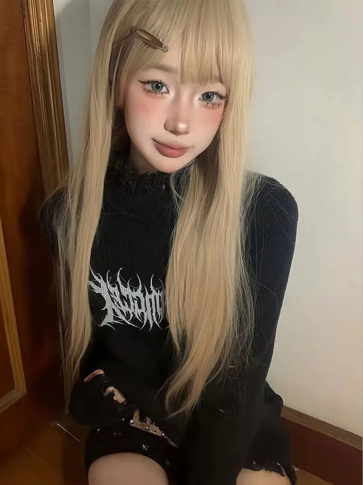 Women Printed Hole Tassel Knitted Sweater Korean Fashion Harajuku Long Sleeve Jumper Tops Y2k Streetwear Punk Gothic Pullovers