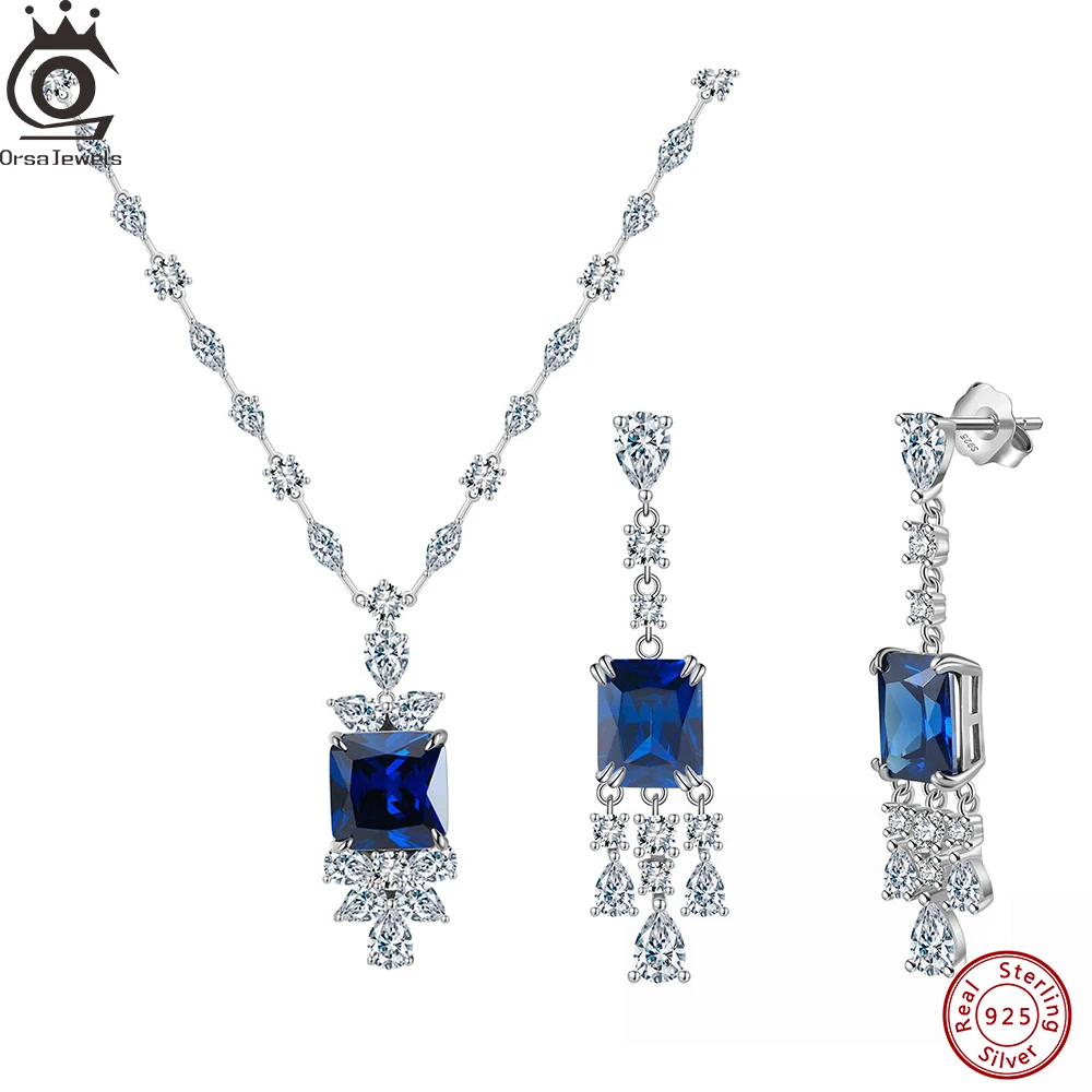 

ORSA JEWELS 925 Sterling Silver Wedding Blue Zircon Pendant Earrings Necklace Fashion CZ Exquisite Jewelry Set for Women LZE41