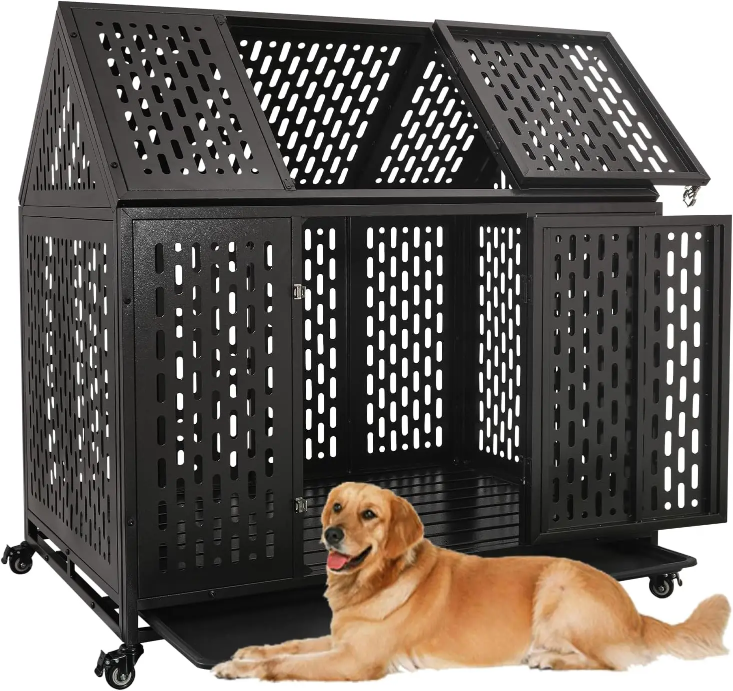 44 inch Heavy Duty Indestructible Dog Crate with Sturdy Latches and Two Removable Trays, Extra Large Kennel with Pointed Roof, E