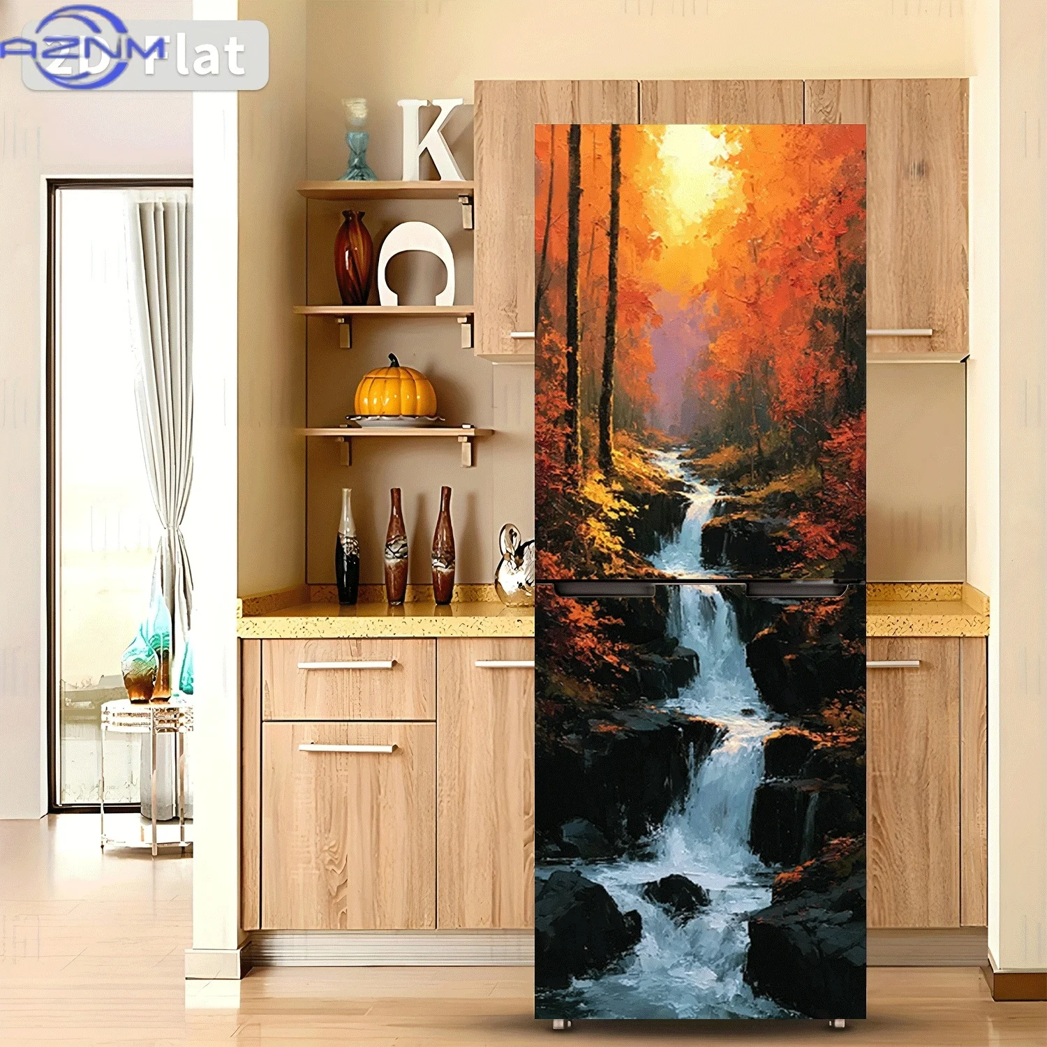 [2D Flat Printing] 1pc Fridge Magnet Sticker Autumn Forest Stream Light Theme Design Wall Sticker Self-Adhesive Suitable for C