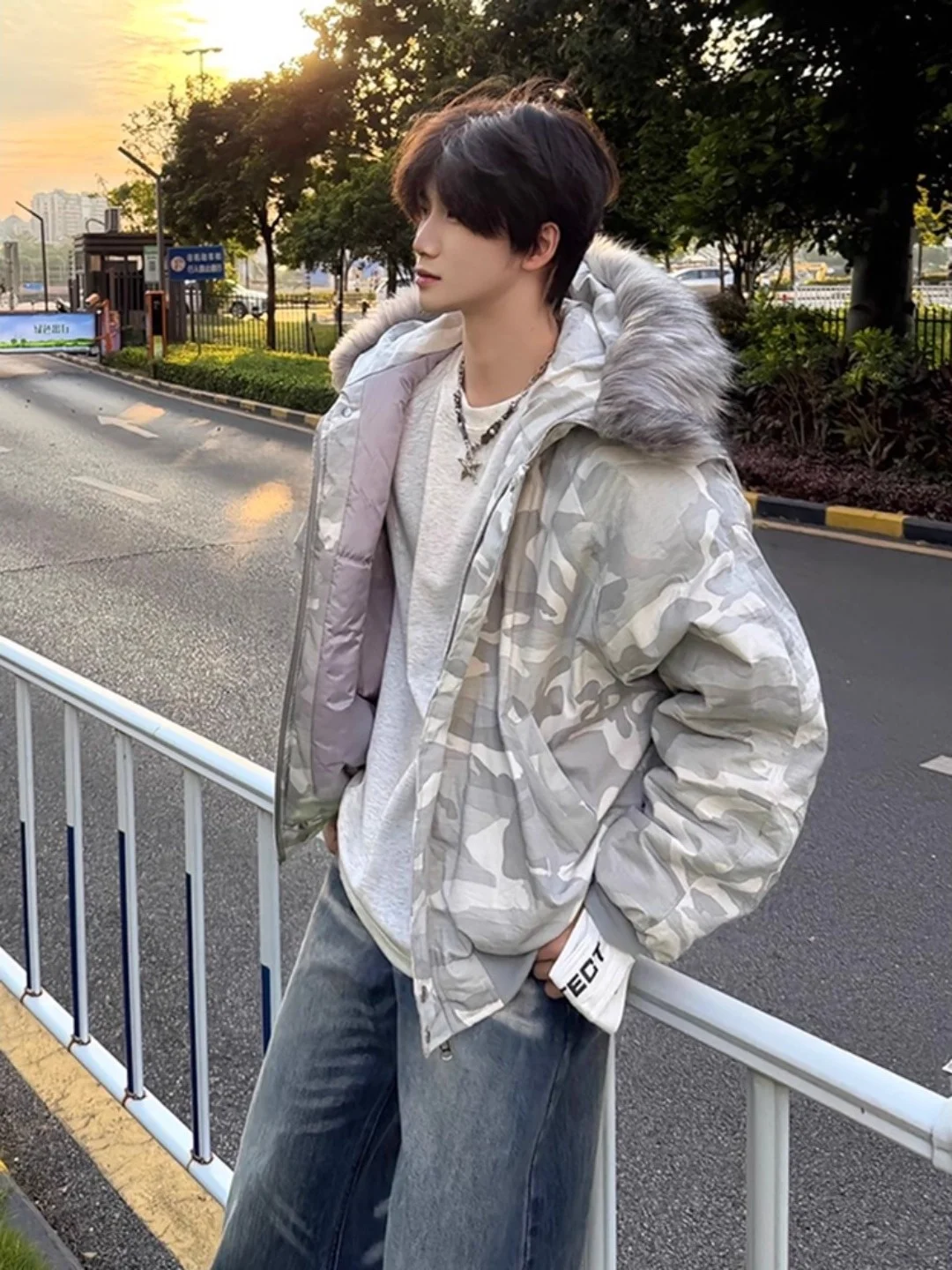 

American Style Hooded Camouflage Cotton Jacket Men's Winter Thickened Fur Collar Parka Cleanfit Seamount Eagle Cotton Coat