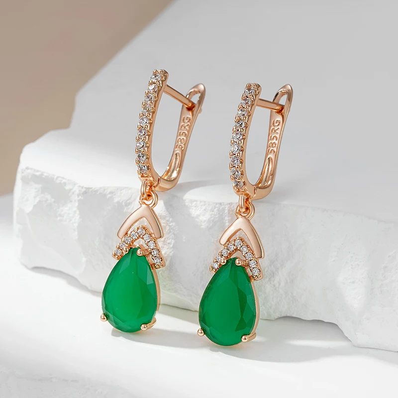 Wbmqda Luxury Elegant Emerald Drop Earrings For Women 585 Rose Gold Color Retro Green Natural Zircon Wedding Party Fine Jewelry