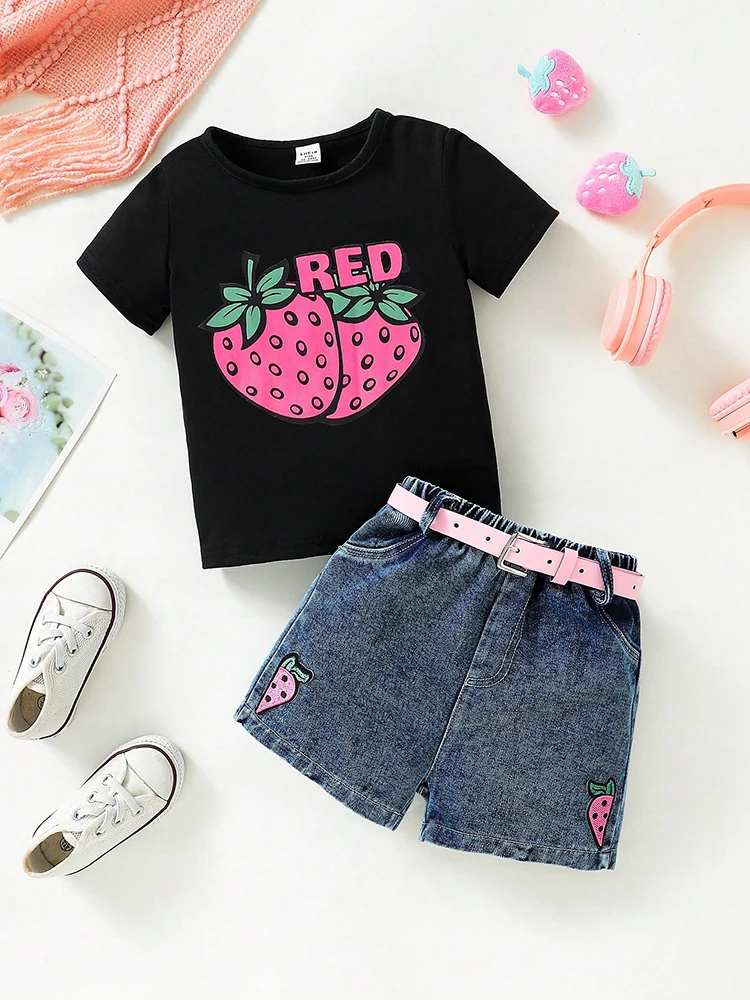 2PCS Baby Girl T-Shirt Short Sleveed Strawberry Printed with Short Jean and Pink Belt for 3M-3T Infant Baby Children Clothes Set