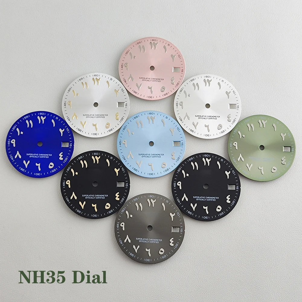 Aço inoxidável Dial Conconvexo árabe, Dial árabe rosa, não luminoso, prata Assista Acessórios, 28,5mm, NH35