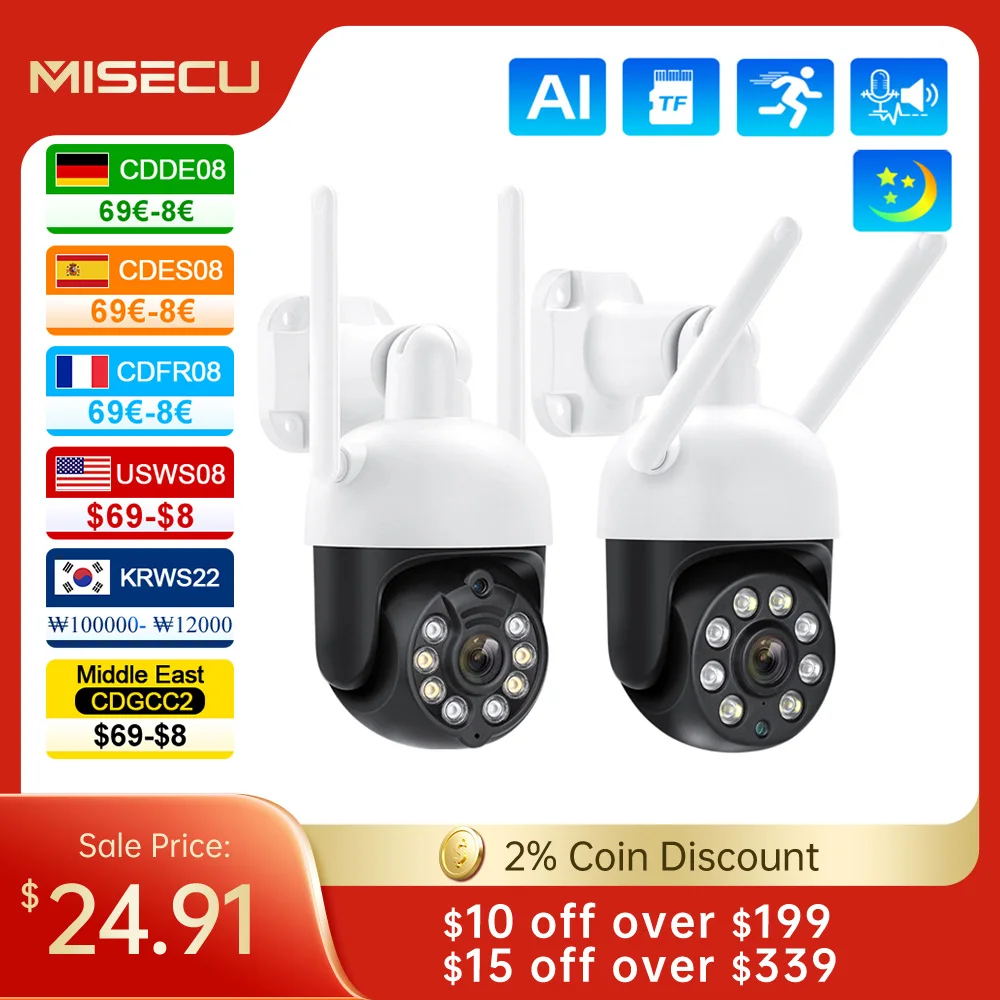 MISECU 3MP 4MP WiFi IP Camere Two-way Audio Full Color Night Vision Outdoor P2P Wireless PTZ Security Camera AI Auto Tracking