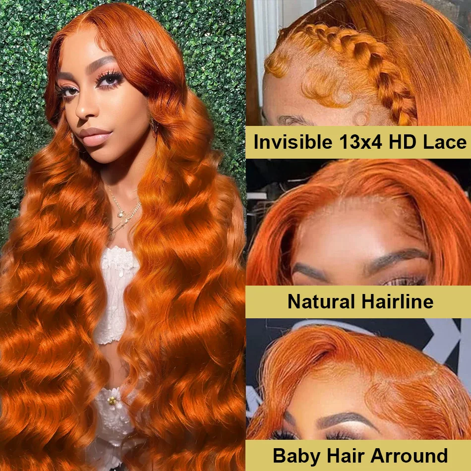 30 40 Inches Orange Ginger Body Wave 13x4 HD Transparent Lace Frontal Wig 13x6 Lace Front Human Hair Wigs Glueless Ready To Go