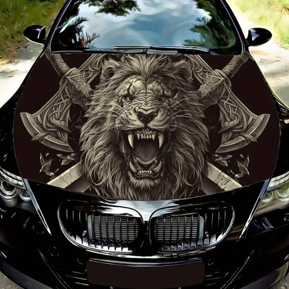 

Furious Lion and Battle Axes PVC Car Vinyl Wraps, Self-Adhesive Waterproof Car Hood Decal Sticker, Car Decoration Protection Sti