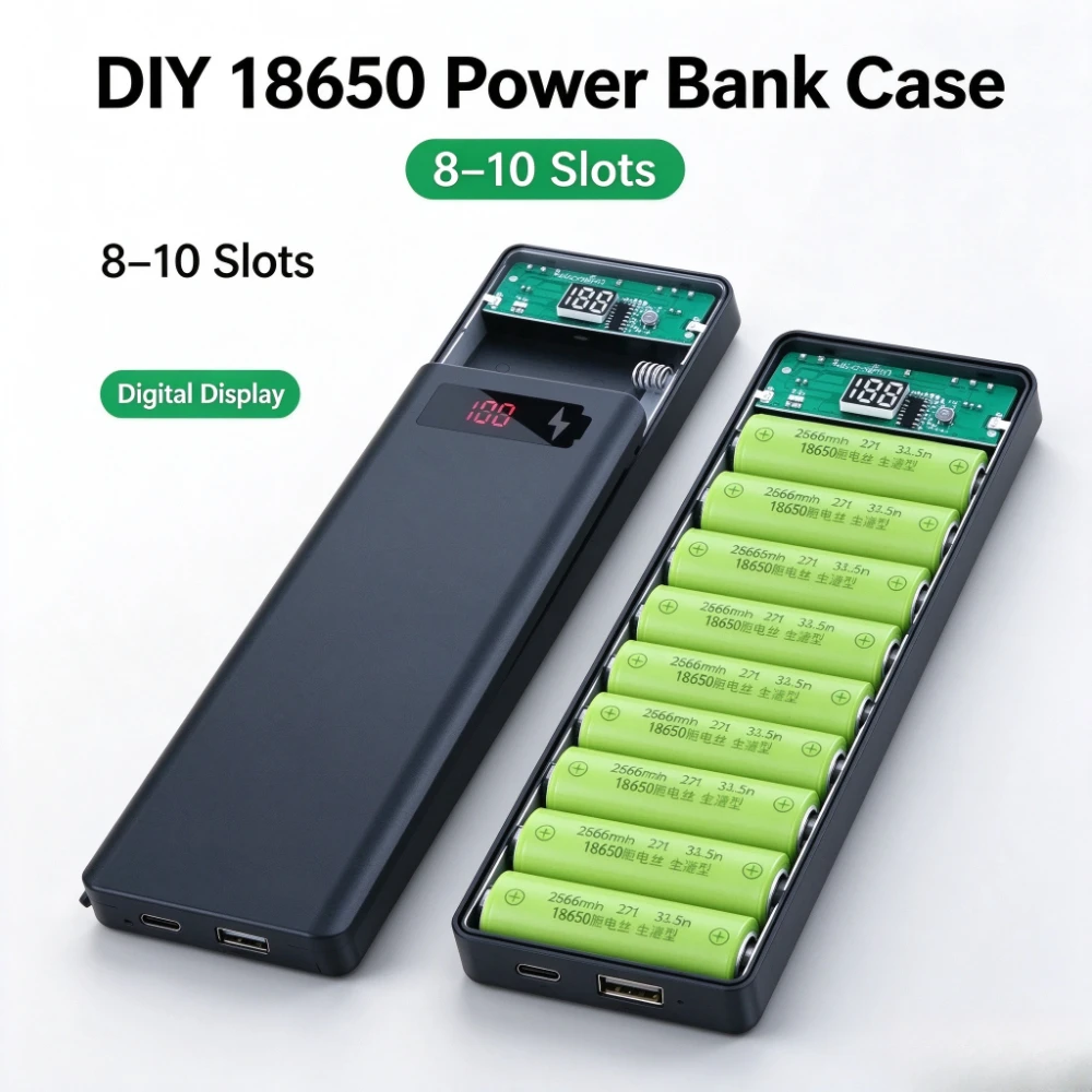 DIY 8‑10 Slot 18650 Battery Power Bank Case Digital Display 5V 2.1A Fast Charging Portable Charger Shell Holder for Mobile Phone