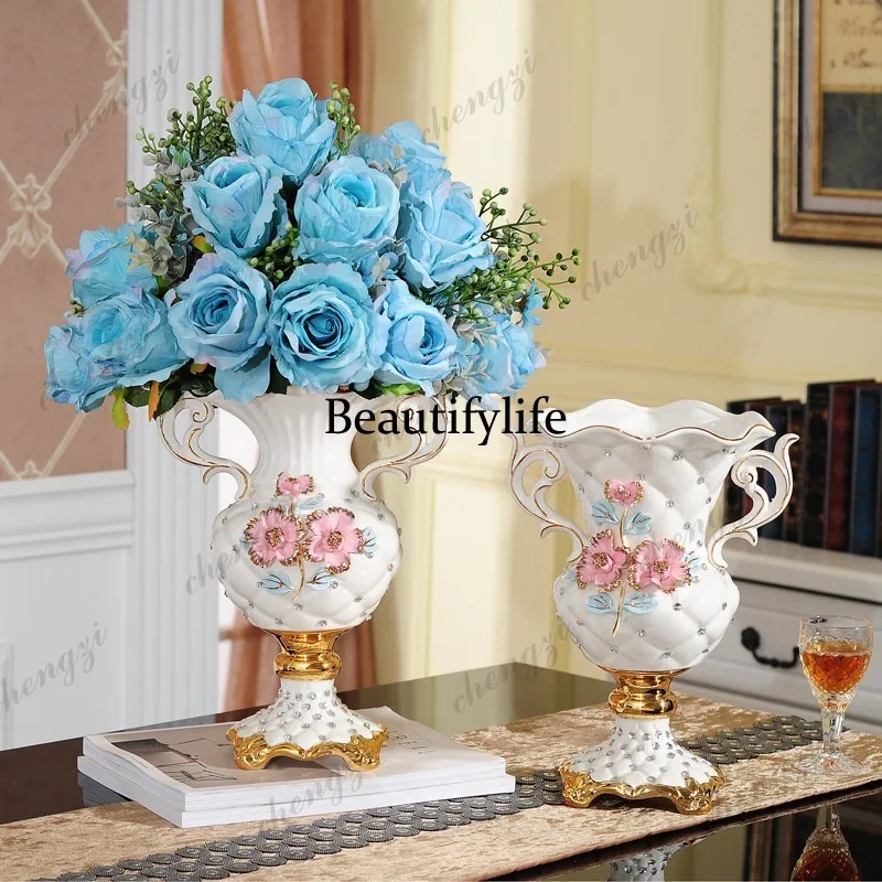A95European ceramic vase living room dining table indoor wide mouth flower dried flower arrangement handmade countertop ornament