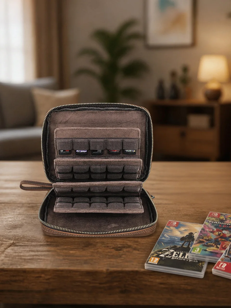 Retro-Style Crazy Horse Leather Game Card Storage Case for Switch High-Capacity Portable Travel Organizer
