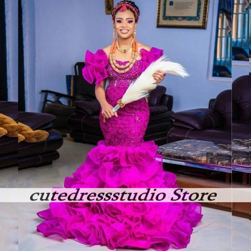Charming Purple Sequins Evening Dresses For Women Multi-Layered Ruffles Puffy Sleeves Wedding Party Dress Prom Gowns Customized