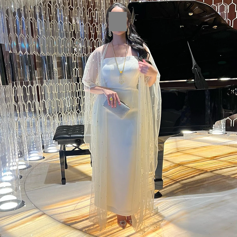 

Saudi Arabia Ankle Length Jersey Evening Dress Shawl with Crystal Elegant Straight White Prom Gowns Special Occasion Dresses