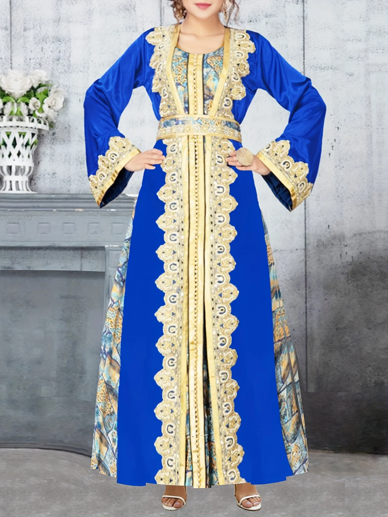 春夏の新作プラスサイズ婦人服、中東のエレガントなローブ、エスニックスタイル、レトロプリント、エレガントな通勤用スリムフィット長袖ドレス