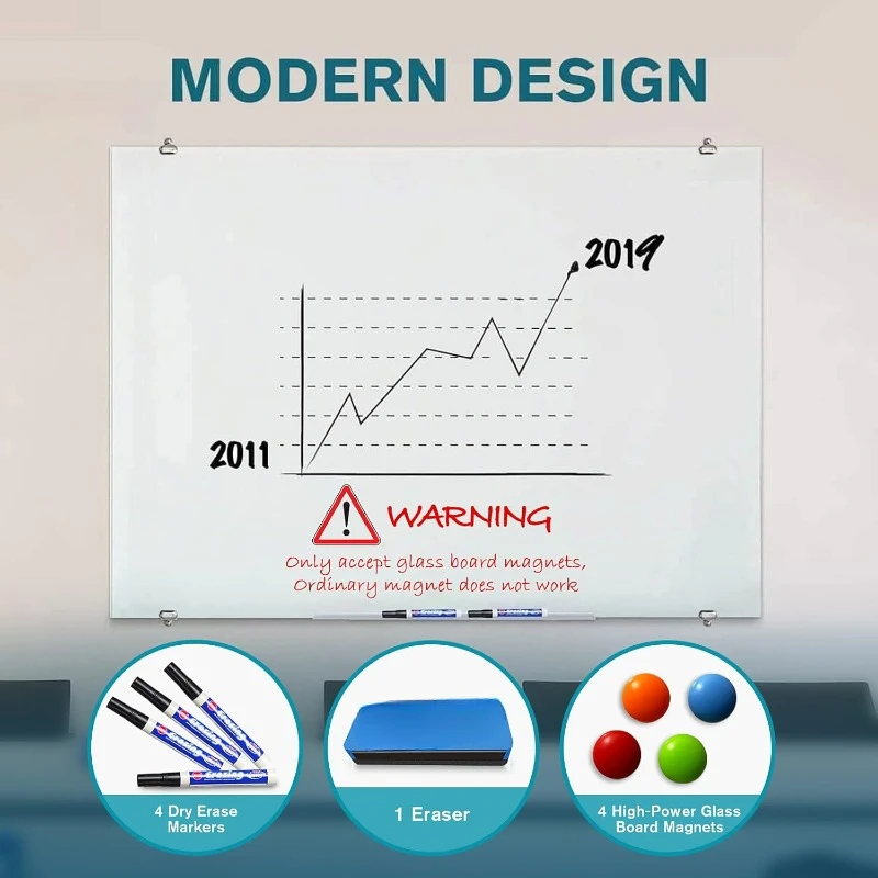Grand tableau blanc en verre magnétique 2 en 1, 4 'x 5', sans cadre, effaçable à sec, pour mur, bureau, maison