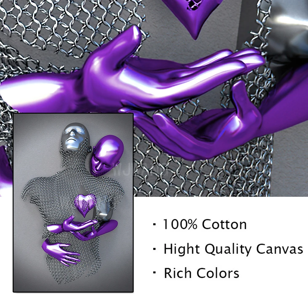 Abstract 3D Romantic Lover Metal Figure Statue Canvas Painting Posters Prints Wall Art Picture For Living Room Decor Home Decor