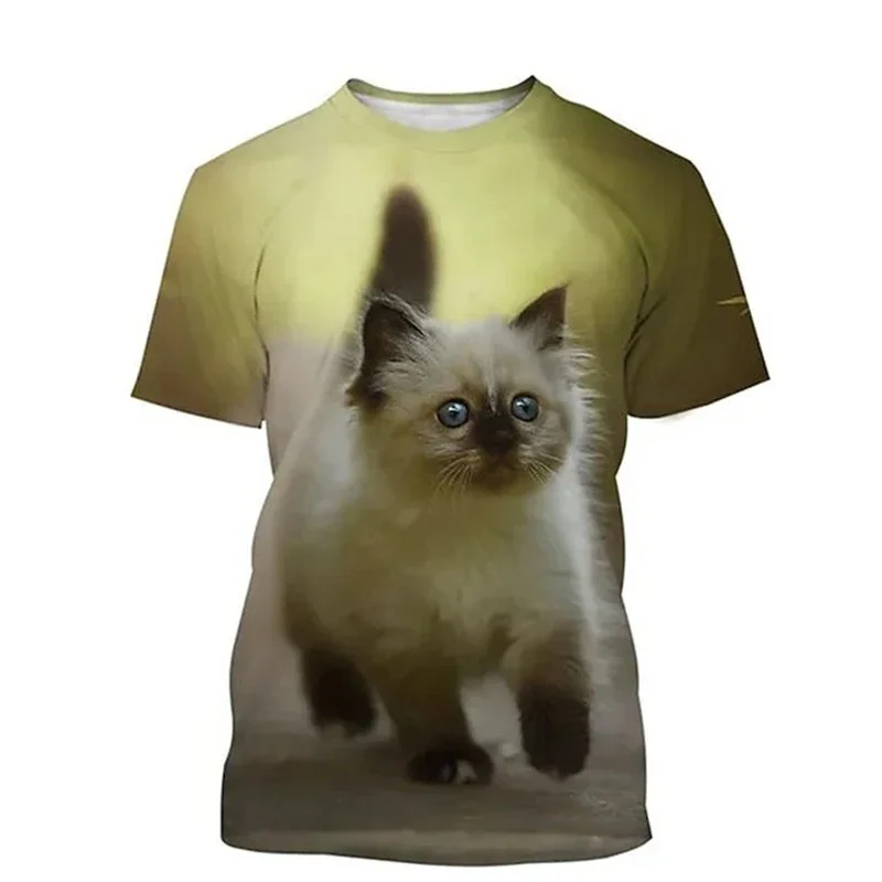 Herren T-Shirt mit Niedlichem Ragdoll-Katzen-Print, Lässiger O-Ausschnitt, Kurzarm, Realistische 3D-Tier-Grafik, Oberteil für Katzenliebhaber, Tägliche Kleidung