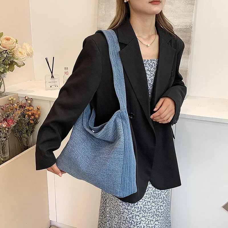 Denim Zipper Large Capacity Tote Bag 2024 Summer Casual Versatile Shoulder Bag Retro and Simple Underarm Commuting Bags