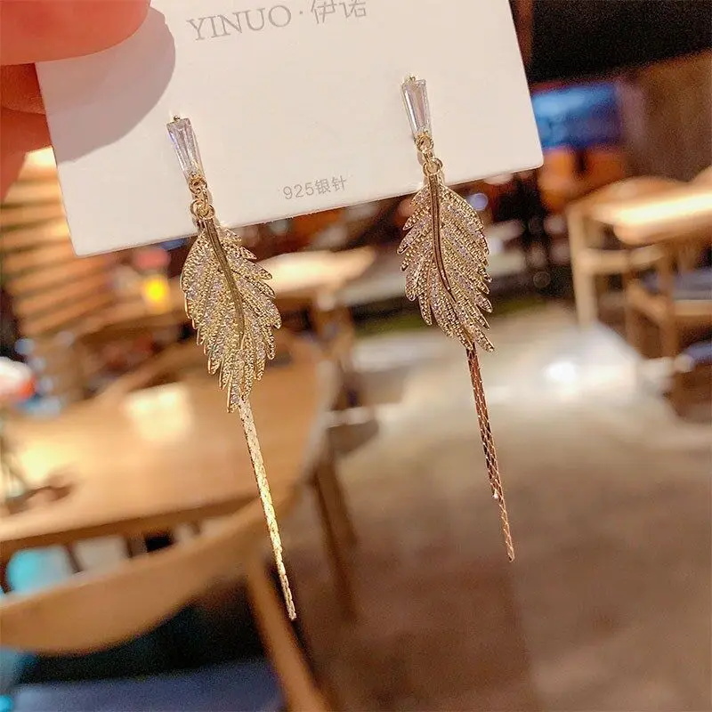 Trendy Korean Fashion Luxury Long Tassel Drop Earrings For Women Leaves Full Zircon Dangle Earings Gold Color Jewelry Gift