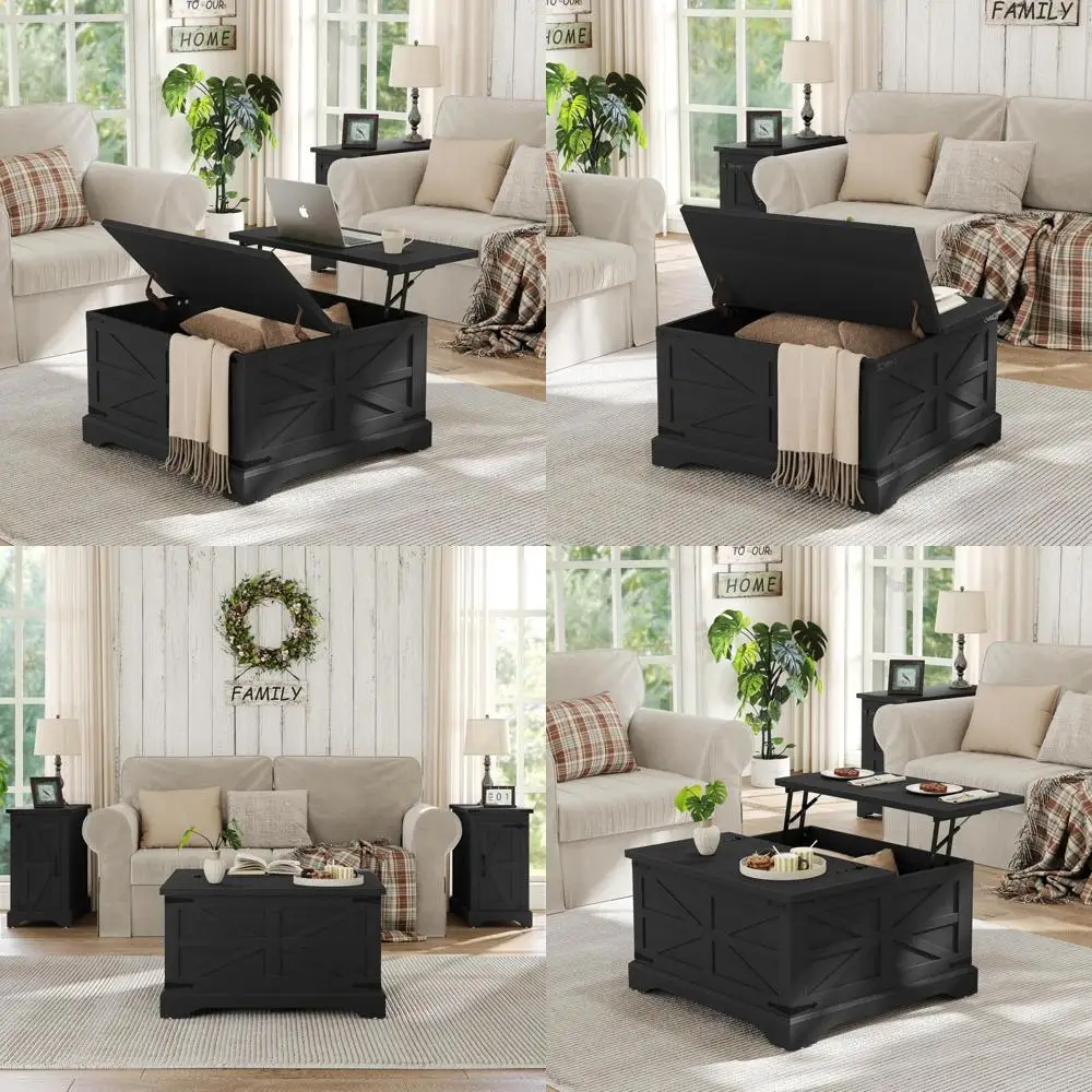 Lift Top Coffee Table with Hidden Storage, Square Wood Center Table for Living Room, Rustic Style