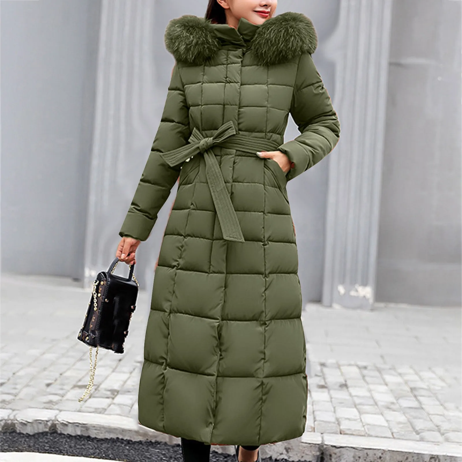 Solid Color Lace Up Slim Long Down Jacket Pocket Long Sleeve Faux Fur Hood Parka Casual Thick Winter Warm Down Coat Ladies