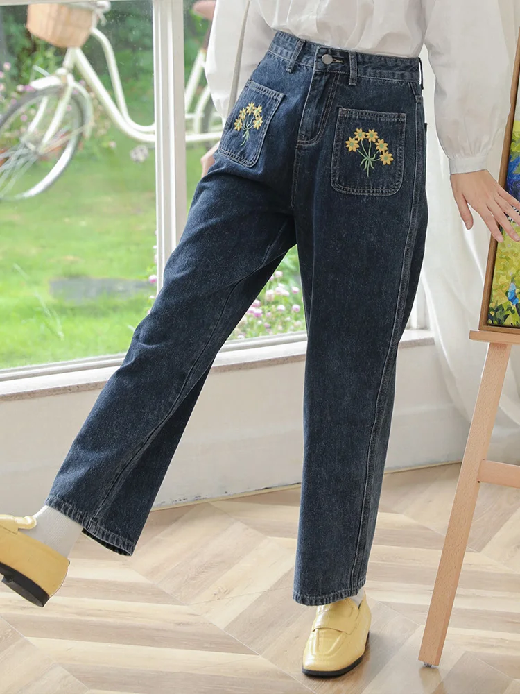 Vintage bestickte Jeans mit hoher Taille Frauen Frühling Harajuku Mode schlanke weite Bein Baggy Jeans hose koreanische lässige weibliche Hose