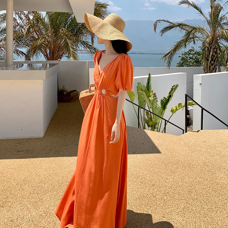 Runway Designer Lovely Waist Cut Out France Chic Puff Sleeve Long Party Dinner Dresses Elegant A Line Summer Elbise Robe