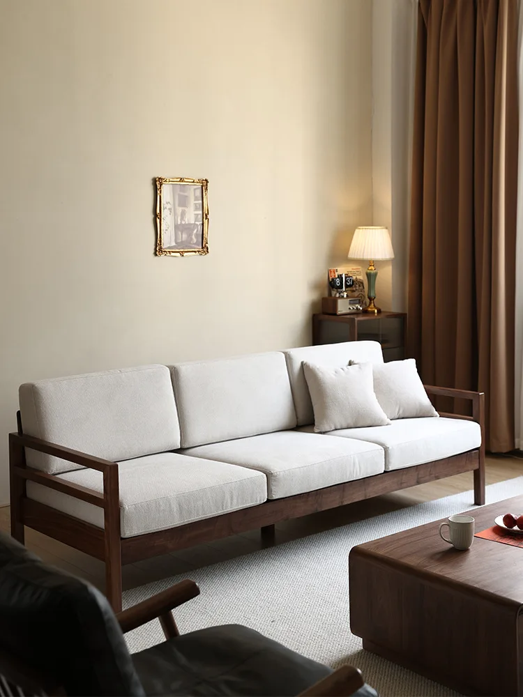 Black walnut sofa Nordic all solid wood living room furniture Modern simple small apartment sofa winter and summer dual-use